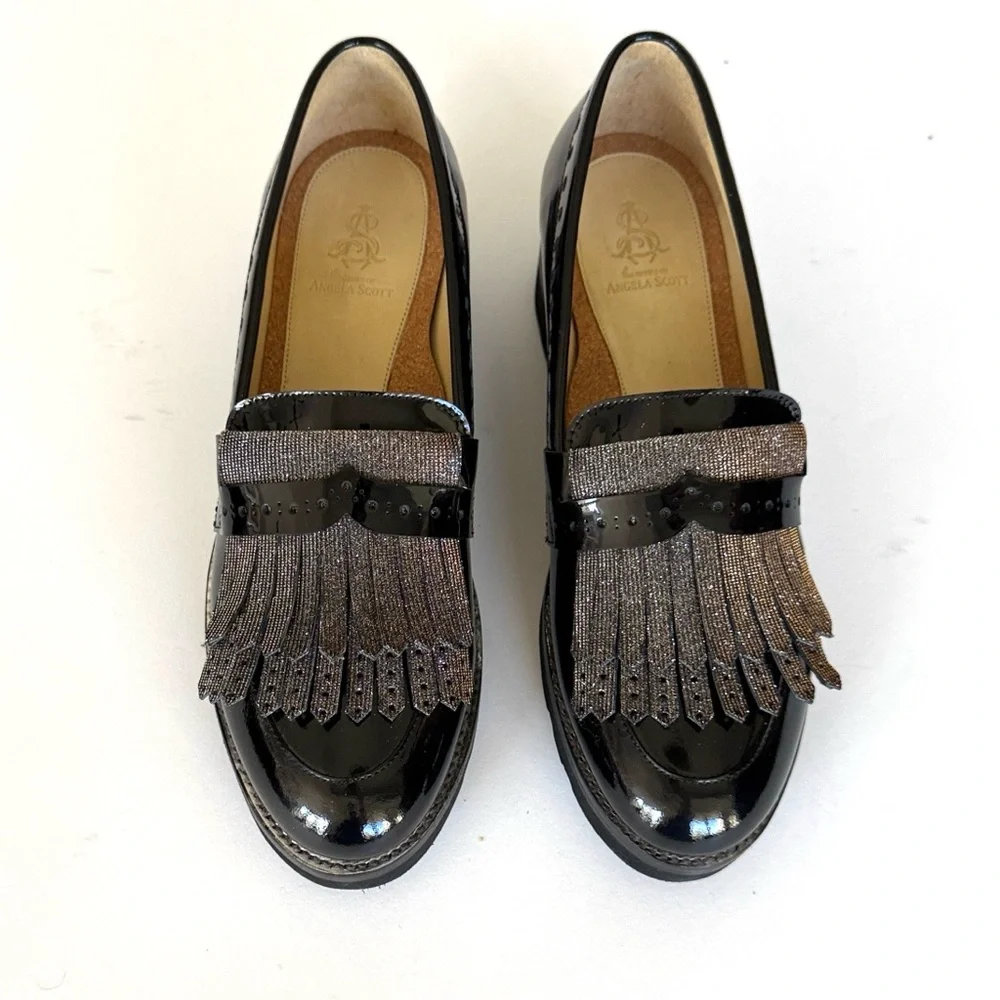Mr. Pennywise Wedged Black Patent Loafer with Metallic Fringe - Picture 2 of 16